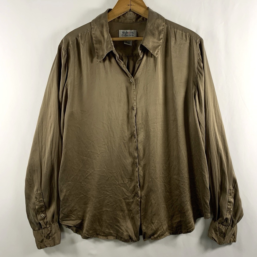 Style & Co Womens Silk Button‎ Top Sz 12 Taupe Quiet Luxury Minimalist Capsule